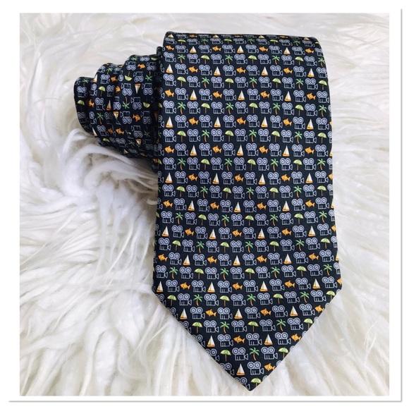 Salvatore Ferragamo 100% Silk Tie Fish Palm Tree Print Black Multicolour - Picture 1 of 8
